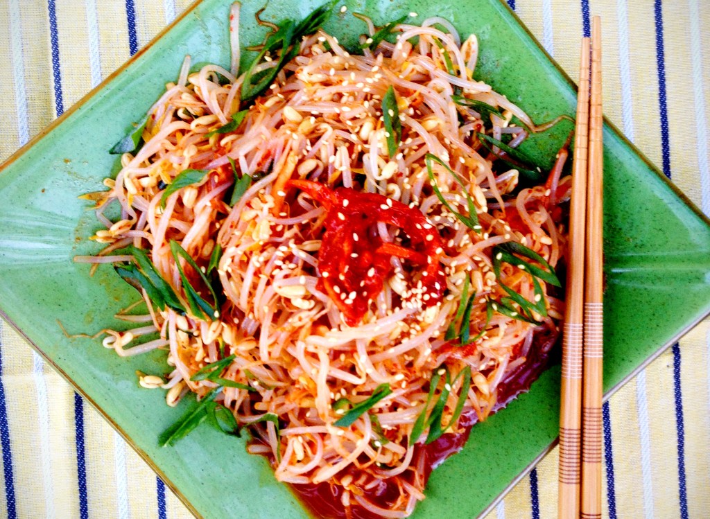 Asian bean sprout salad with homemade instant radish kimchi and sesame oil.