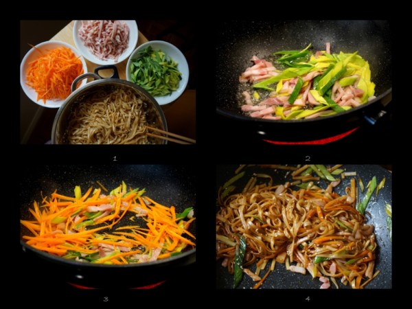 Simple fried noodles with bacon, leek and carrot