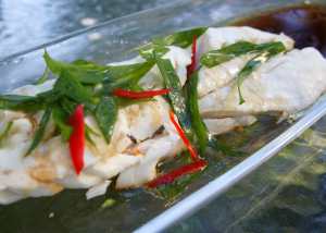 Steamed blue eye cod with shallot and soy sauce, low FODMAP, gluten free