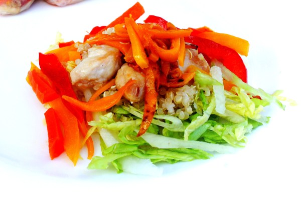 Rice paper roll filling - quinoa, pumpkin, capsicum, carrot and lettuce.