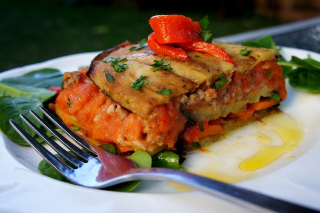Eggplant ‘lasagne’ with lamb, roasted capsicum and a homemade tomato sauce (FODMAP&nbsp;friendly)