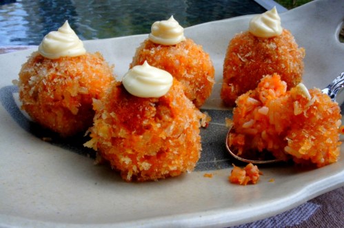 Deep fried rice balls with kimchi, spicy pork and panko crumbs