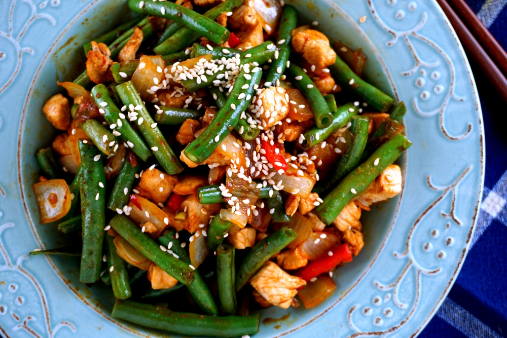 Chicken and green bean stir fry with Sichuan chili bean&nbsp;paste