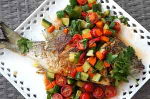 Fried fish with chili and tomato sauce, FODMAP friendly