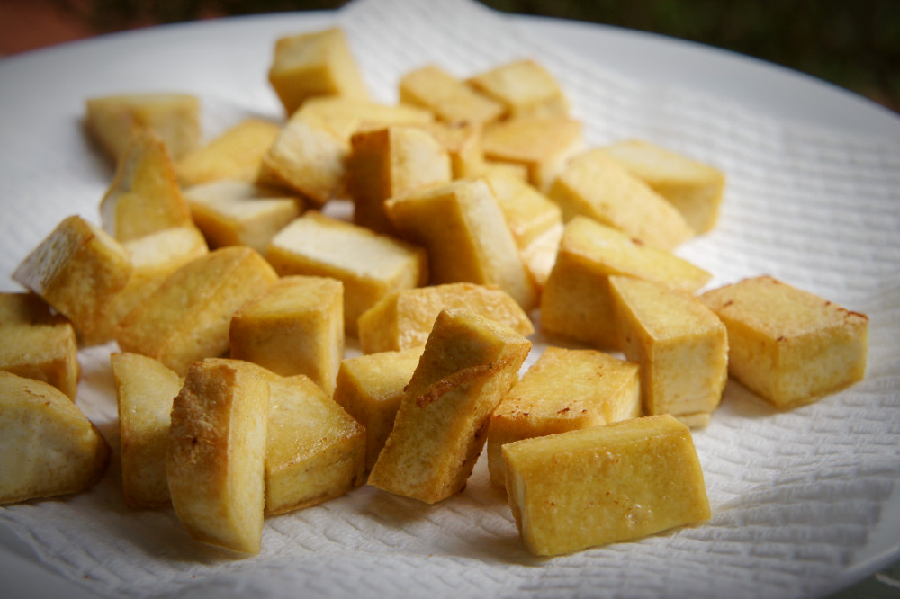 Extra-firm plain tofu cubes, pan-fried