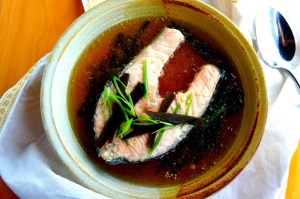 Poached salmon in a bonito and kelp broth (gluten free)