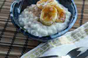 Rice pudding with banana and coconut, low FODMAP, gluten free, vegan