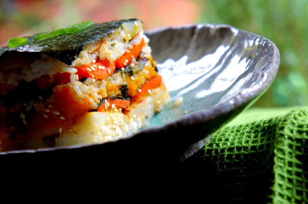 Sushi terrine with spiced pumpkin, carrot and capsicum (FODMAP&nbsp;friendly)