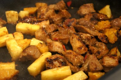 Pork & pineapple on frying pan