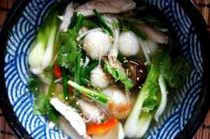 Chicken TangYuan soup with dried shrimps, Chinese mushrooms, enoki mushroom, garlic chive and bok choy, gluen free