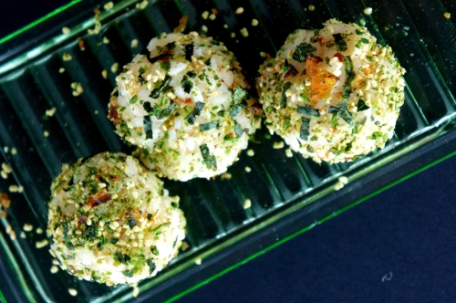 Rice balls with wasabi furikake seasoning