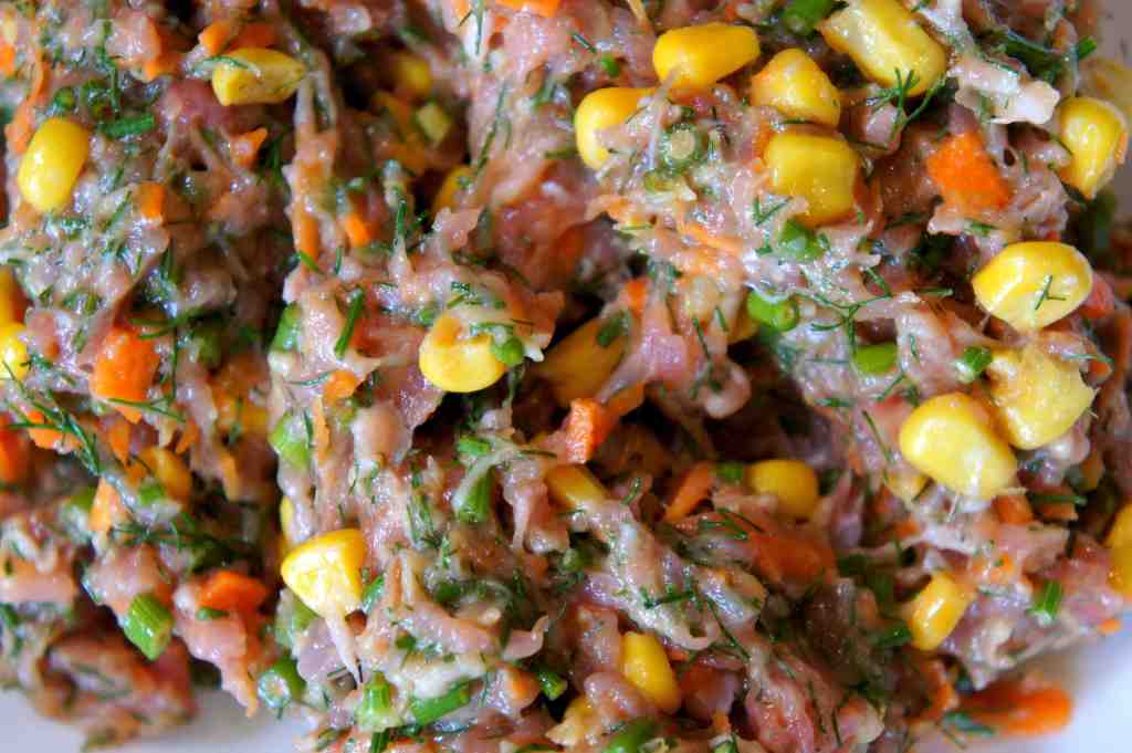 Dumpling filling - pork, fennel, corn, carrot, green shallot