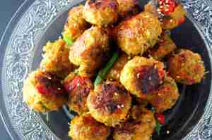 Spiced meat balls with pumpkin, rice vermicelli, carrot and capsicum, low FODMAP, gluten free