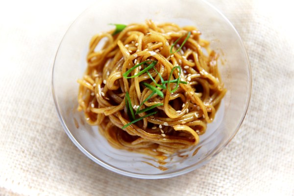 Homemade wheat noodles with soy sauce and sesame oil