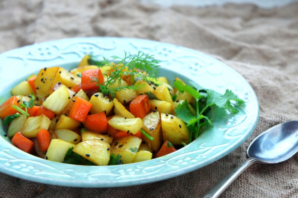 Stir fried potato, carrot and fennel, with coriander, turmeric, sesame oil and sesame seeds (FODMAP&nbsp;friendly)