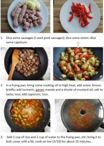 Method - one pot sausages with rice, spiced with turmeric, garam masala and mustard oil