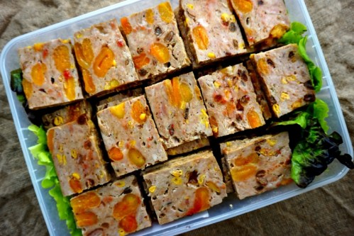 Chicken and apricot terrine, with ham fat, raisin, strawberry jam, thyme and bay leaf