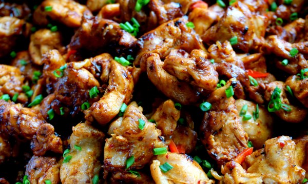 Grilled chicken fillets with Korean pepper, ginger, garlic, apricot jam, fish sauce and dark soy sauce.